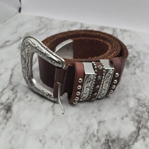 Nocona Brown Leather Western Studded Belt with Engraved Silver Buckle